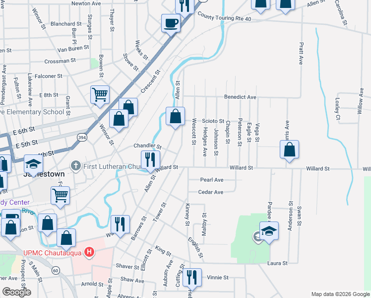 map of restaurants, bars, coffee shops, grocery stores, and more near 41 Wescott Street in Jamestown