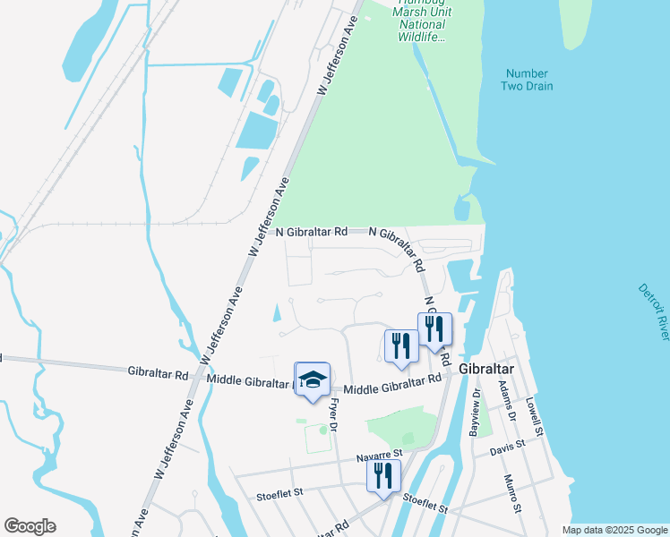 map of restaurants, bars, coffee shops, grocery stores, and more near 14197 Watersway Drive in Gibraltar