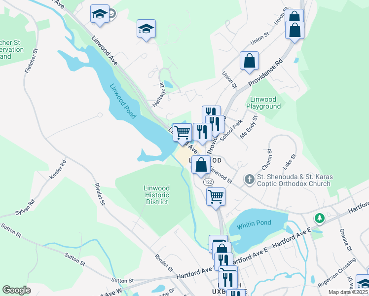 map of restaurants, bars, coffee shops, grocery stores, and more near 670 Linwood Avenue in Northbridge