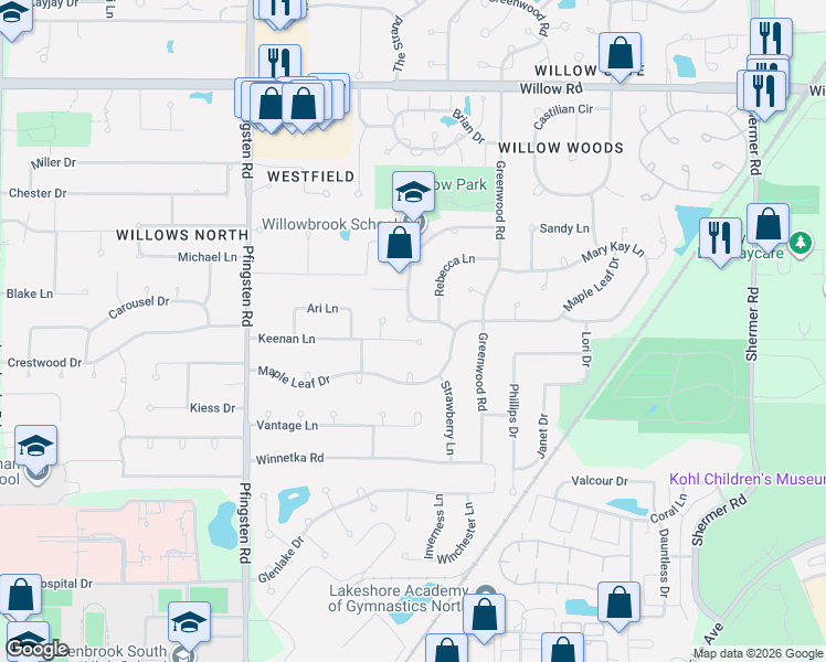 map of restaurants, bars, coffee shops, grocery stores, and more near 2420 Happy Hollow Road in Glenview