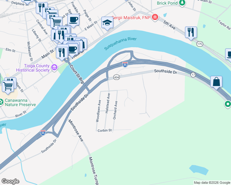 map of restaurants, bars, coffee shops, grocery stores, and more near 15 Ruth Street in Owego