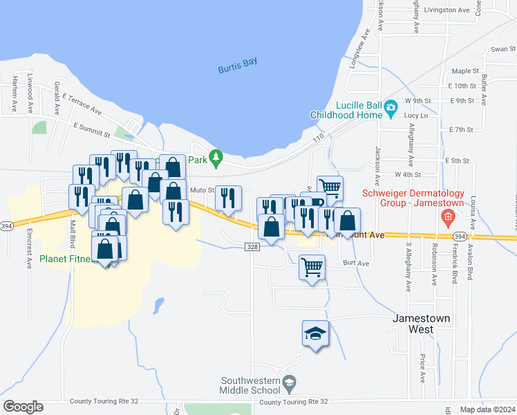 map of restaurants, bars, coffee shops, grocery stores, and more near 21 Sherman Avenue in Jamestown