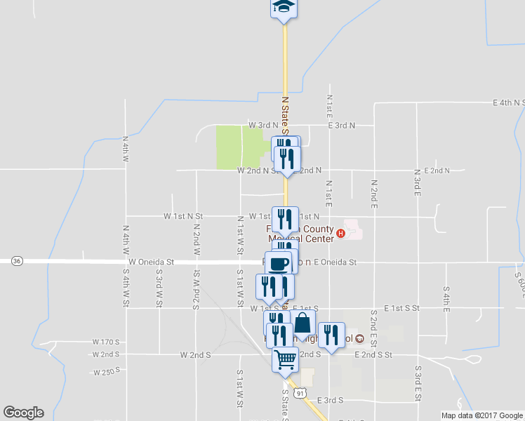 map of restaurants, bars, coffee shops, grocery stores, and more near 46 West 1st North in Preston