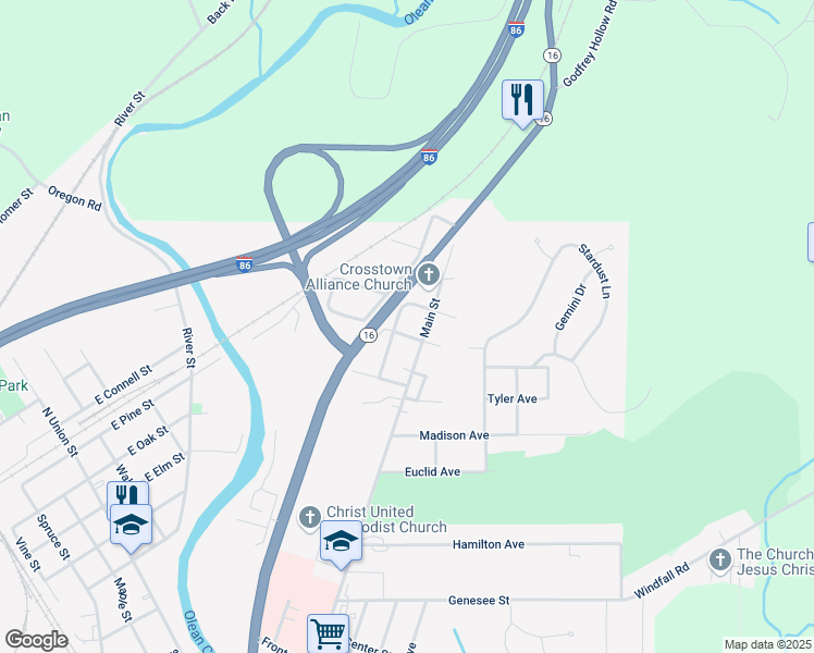 map of restaurants, bars, coffee shops, grocery stores, and more near 817 Main Street in Olean