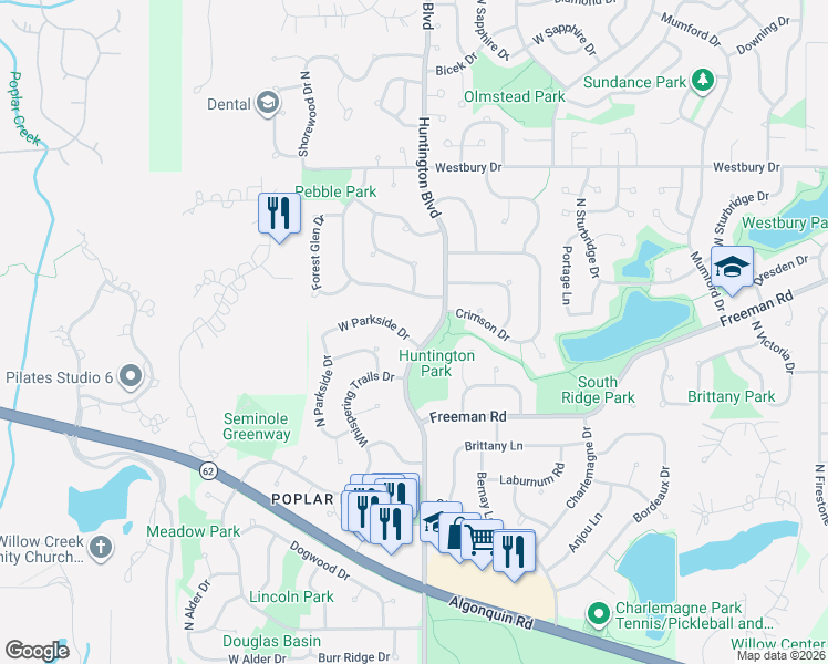 map of restaurants, bars, coffee shops, grocery stores, and more near 4170 Huntington Boulevard in Hoffman Estates
