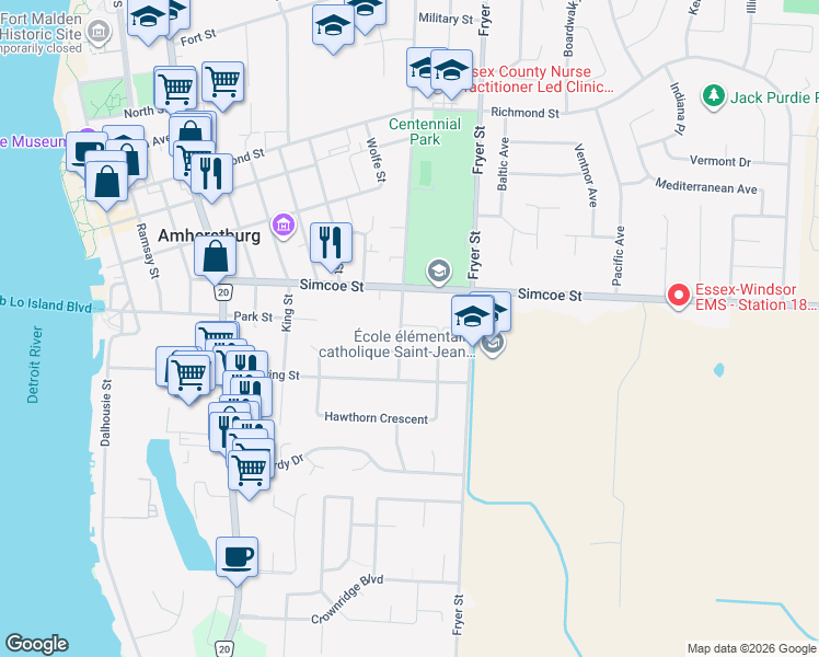 map of restaurants, bars, coffee shops, grocery stores, and more near 339 Victoria Street South in Amherstburg