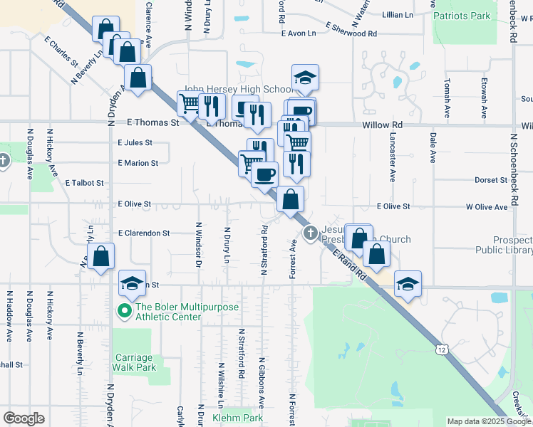map of restaurants, bars, coffee shops, grocery stores, and more near 1845 East Rand Road in Arlington Heights