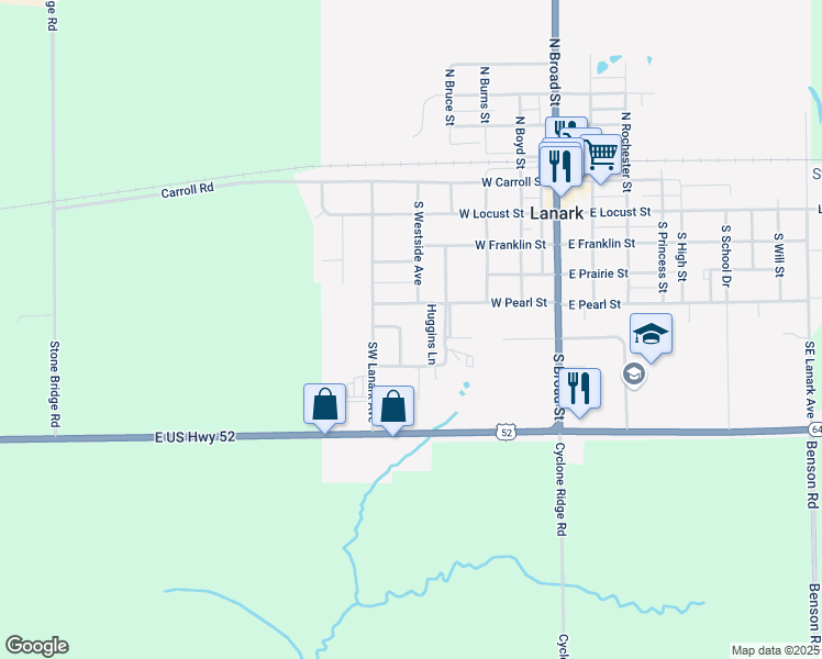 map of restaurants, bars, coffee shops, grocery stores, and more near 500-598 Huggins Ln in Lanark