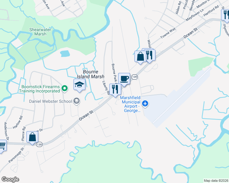 map of restaurants, bars, coffee shops, grocery stores, and more near 15 Bourne Park Avenue in Marshfield