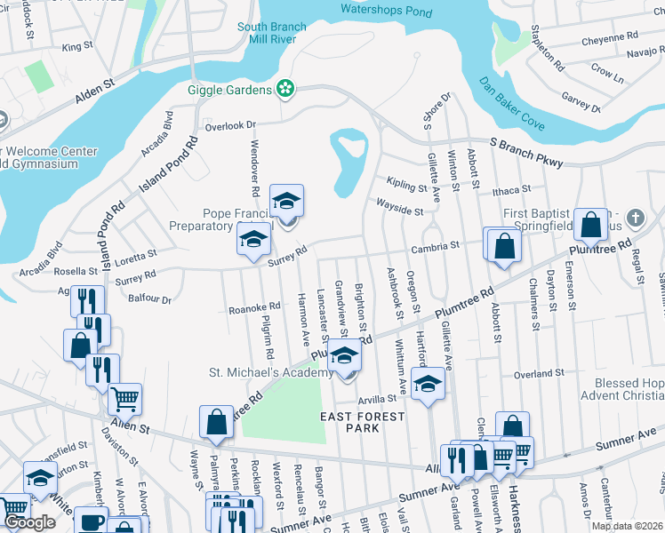 map of restaurants, bars, coffee shops, grocery stores, and more near 104 Grandview Street in Springfield
