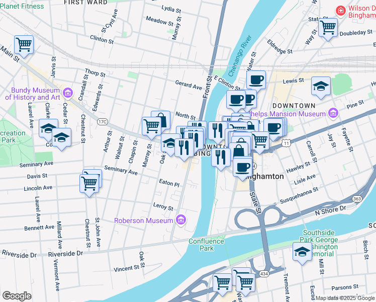 map of restaurants, bars, coffee shops, grocery stores, and more near in Binghamton