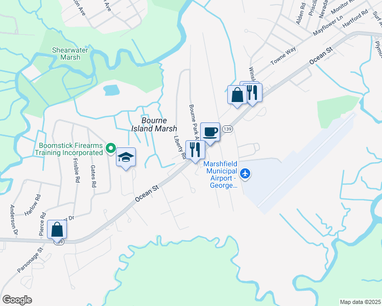 map of restaurants, bars, coffee shops, grocery stores, and more near in Marshfield