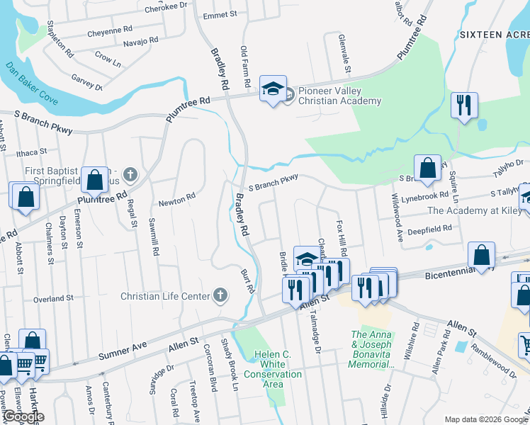 map of restaurants, bars, coffee shops, grocery stores, and more near 58 Pine Hill Road in Springfield