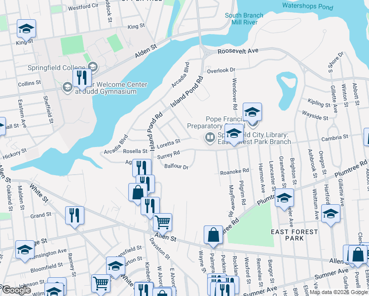 map of restaurants, bars, coffee shops, grocery stores, and more near 79 Loretta Street in Springfield
