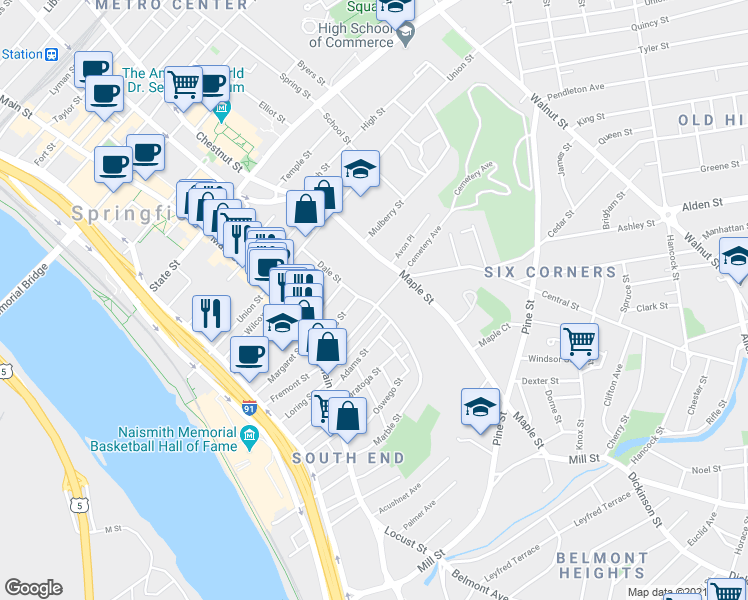 map of restaurants, bars, coffee shops, grocery stores, and more near 82 Morris Street in Springfield