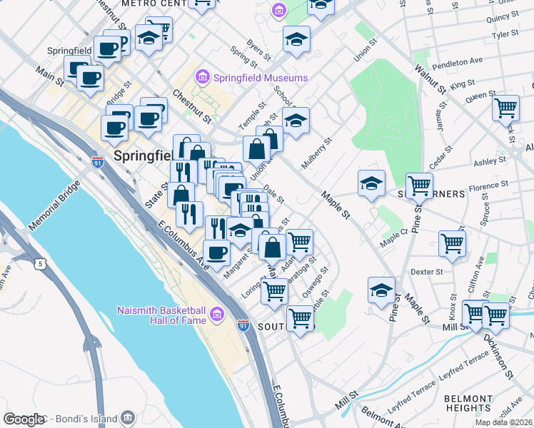map of restaurants, bars, coffee shops, grocery stores, and more near 50 Winthrop Street in Springfield