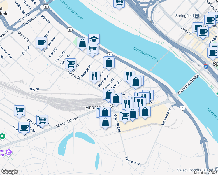 map of restaurants, bars, coffee shops, grocery stores, and more near 36-38 West School Street in West Springfield