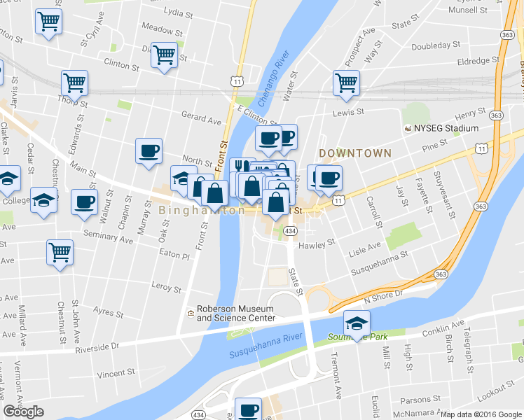 map of restaurants, bars, coffee shops, grocery stores, and more near 31 Court Street in Binghamton