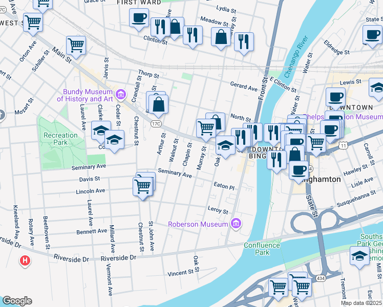 map of restaurants, bars, coffee shops, grocery stores, and more near 139 Chapin Street in Binghamton
