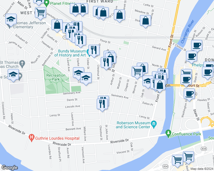 map of restaurants, bars, coffee shops, grocery stores, and more near 11 Arthur Street in Binghamton