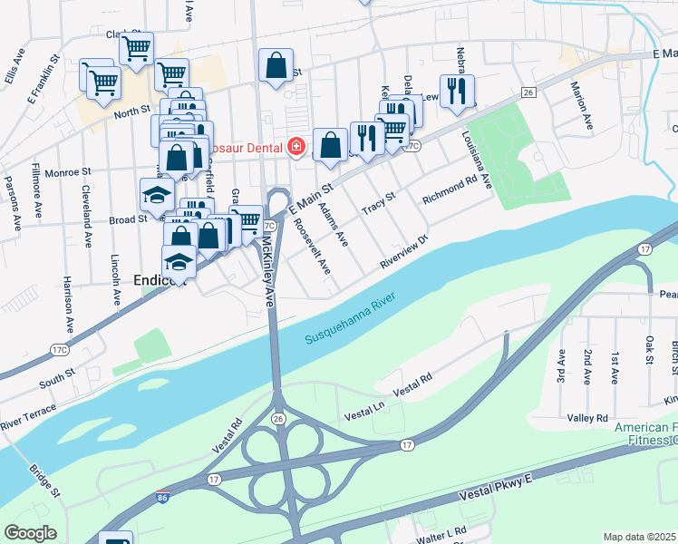 map of restaurants, bars, coffee shops, grocery stores, and more near 415-417 Roosevelt Avenue in Endicott