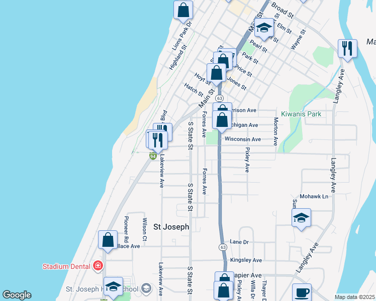 map of restaurants, bars, coffee shops, grocery stores, and more near 543 Winchester Avenue in St. Joseph