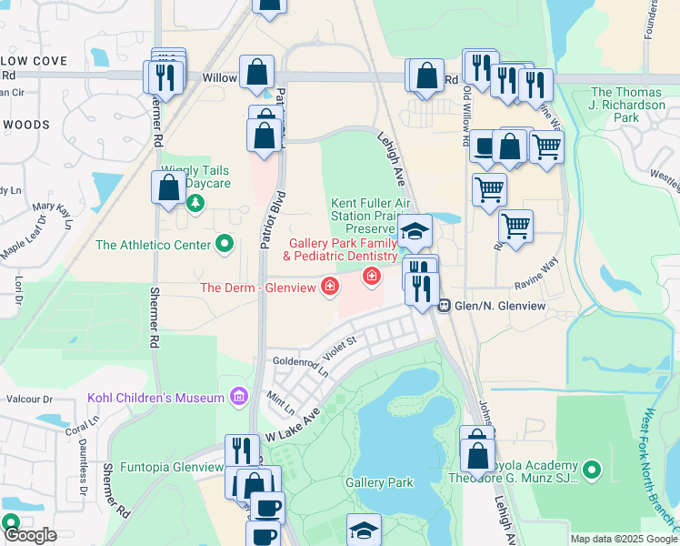 map of restaurants, bars, coffee shops, grocery stores, and more near 2637-2649 Compass Rd in Glenview