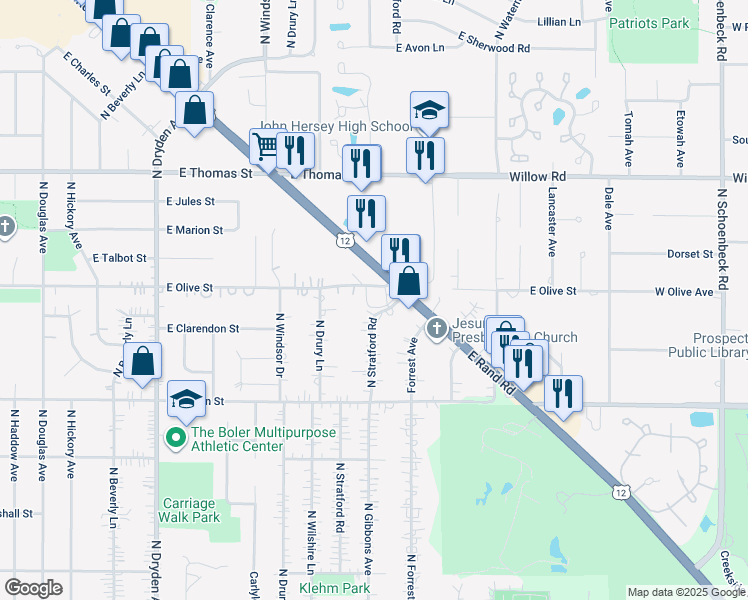 map of restaurants, bars, coffee shops, grocery stores, and more near 1845 East Rand Road in Arlington Heights