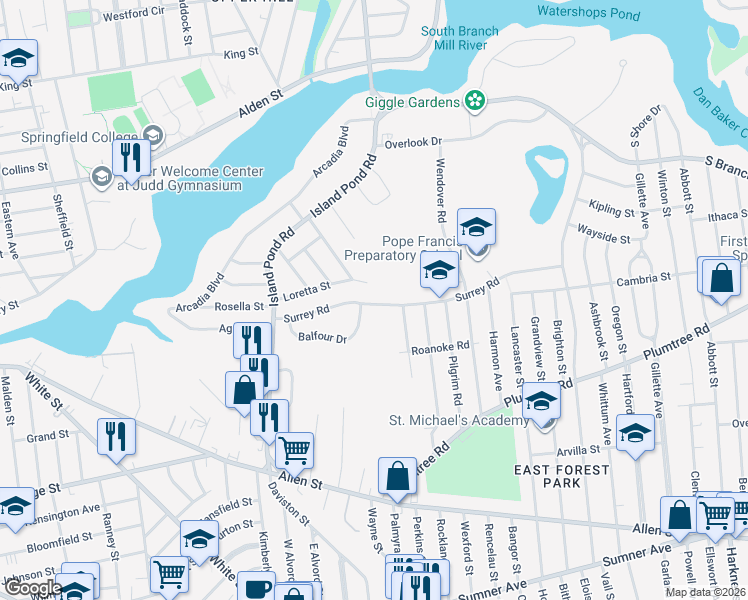 map of restaurants, bars, coffee shops, grocery stores, and more near 118 Surrey Road in Springfield