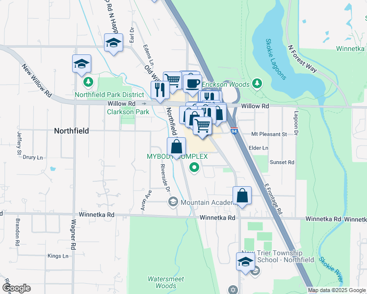 map of restaurants, bars, coffee shops, grocery stores, and more near 275 Northfield Road in Northfield