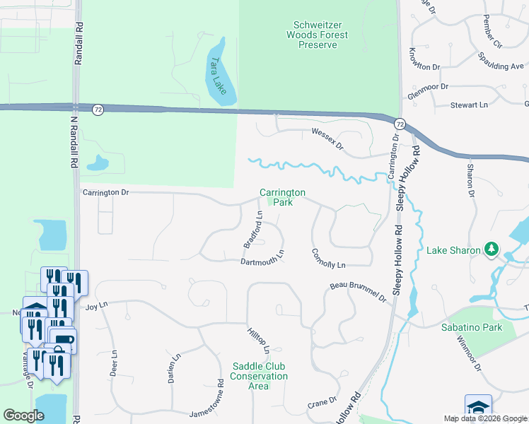 map of restaurants, bars, coffee shops, grocery stores, and more near 613 Bradford Lane in West Dundee