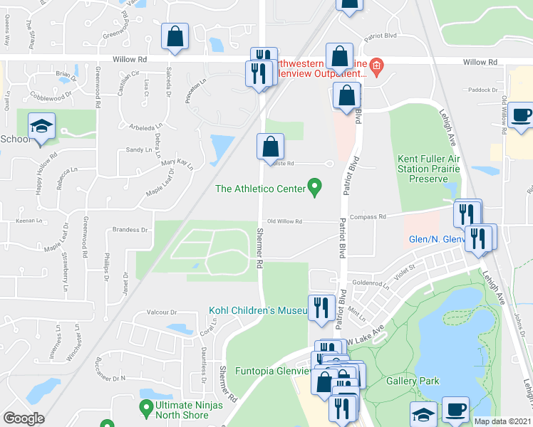 map of restaurants, bars, coffee shops, grocery stores, and more near 2985 Shermer Road in Northbrook