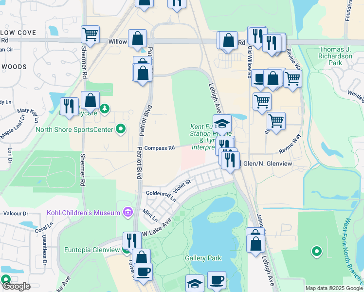 map of restaurants, bars, coffee shops, grocery stores, and more near 2651 Compass Road in Glenview