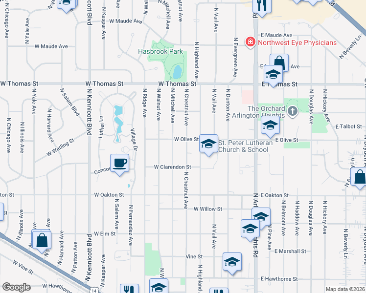 map of restaurants, bars, coffee shops, grocery stores, and more near 1256 North Chestnut Avenue in Arlington Heights