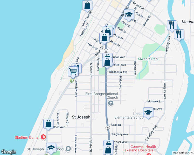 map of restaurants, bars, coffee shops, grocery stores, and more near 1600 Forres Avenue in Saint Joseph