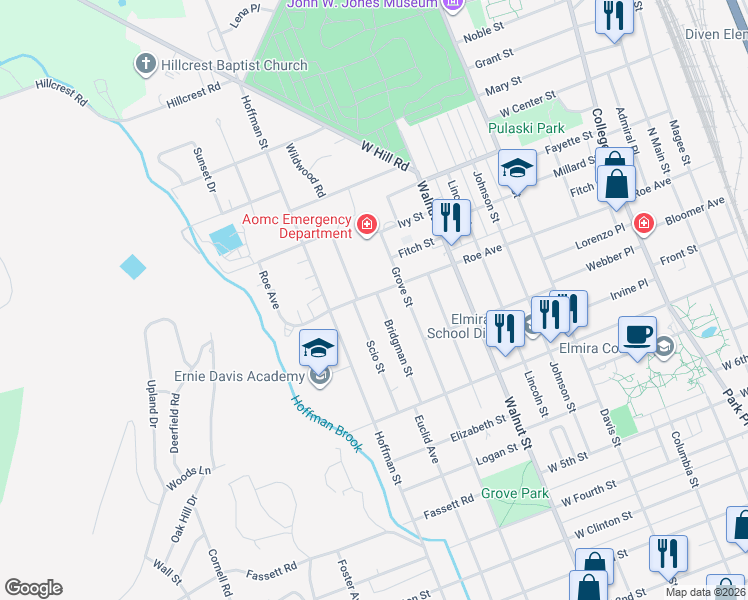 map of restaurants, bars, coffee shops, grocery stores, and more near 900-1036 Ogden Avenue in Elmira
