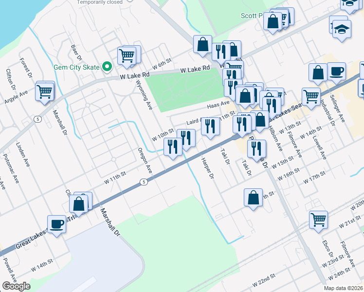 map of restaurants, bars, coffee shops, grocery stores, and more near 3055 West 11th Street in Erie