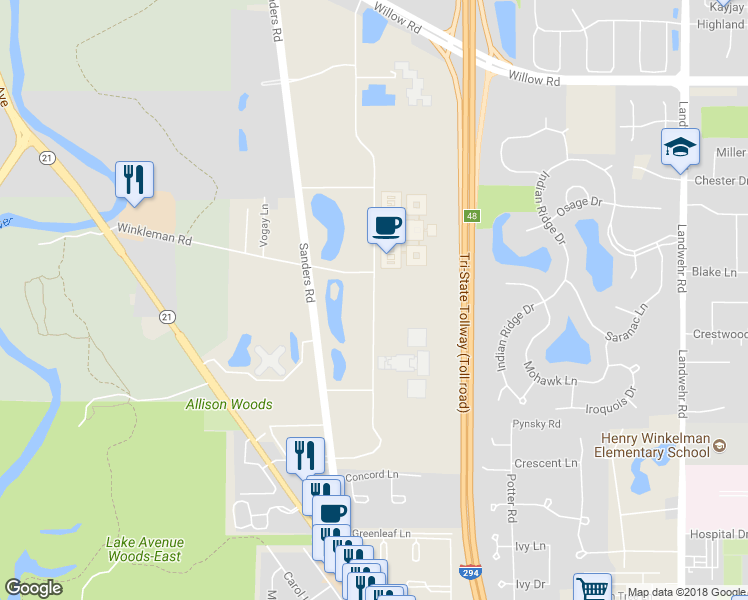 map of restaurants, bars, coffee shops, grocery stores, and more near Allstate Parkway in Northbrook