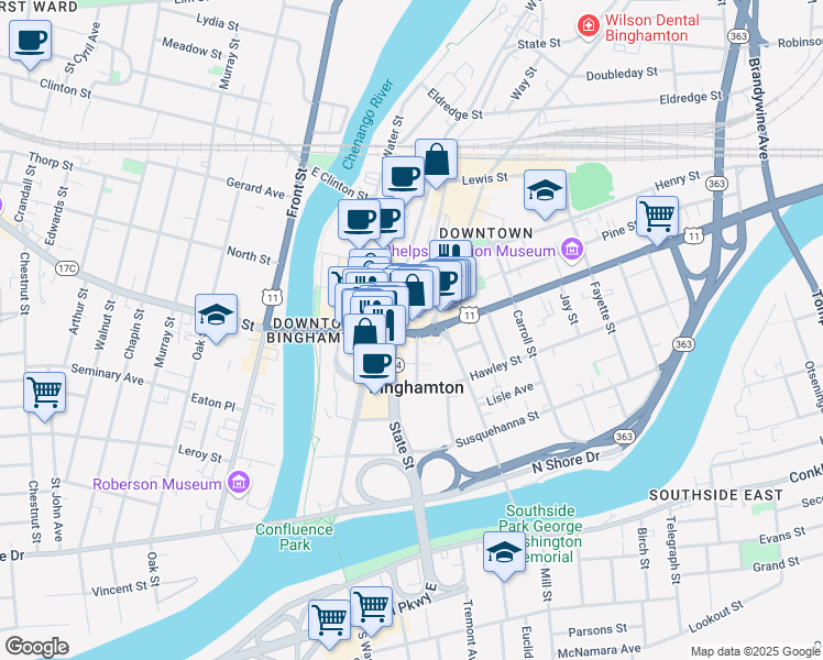 map of restaurants, bars, coffee shops, grocery stores, and more near 92 Court Street in Binghamton