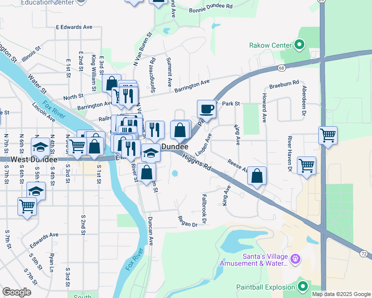 map of restaurants, bars, coffee shops, grocery stores, and more near 185 Penny Avenue in East Dundee