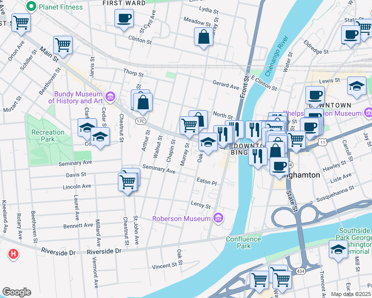 map of restaurants, bars, coffee shops, grocery stores, and more near Murray Street in Binghamton