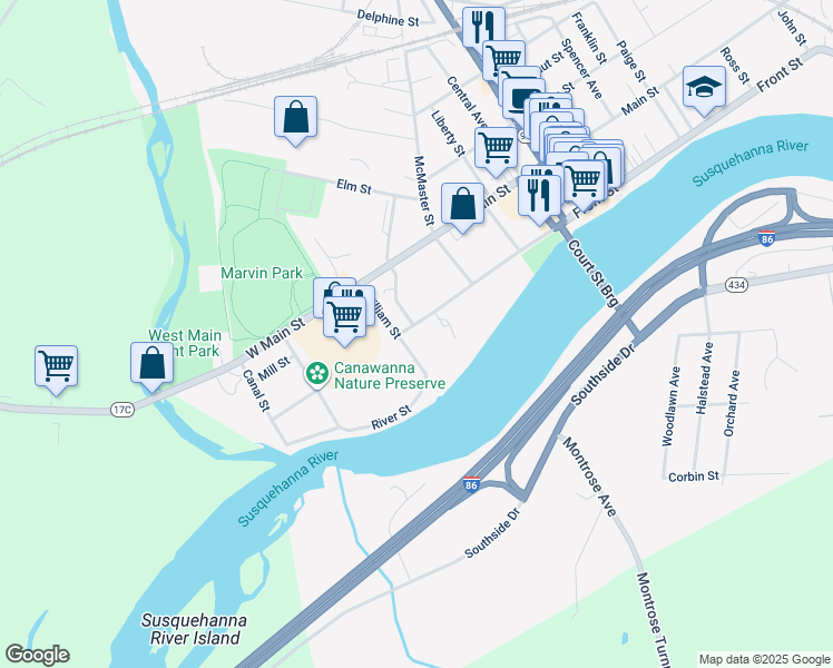 map of restaurants, bars, coffee shops, grocery stores, and more near 14 Front Street in Owego