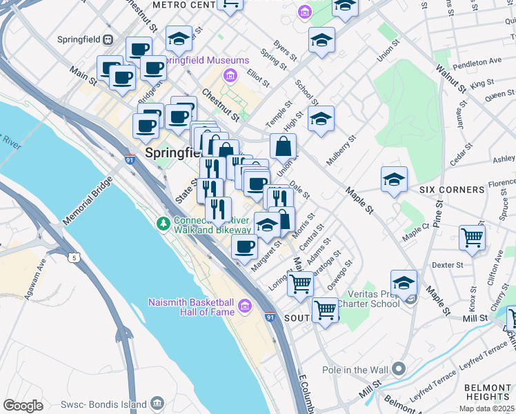 map of restaurants, bars, coffee shops, grocery stores, and more near 1028 Main Street in Springfield