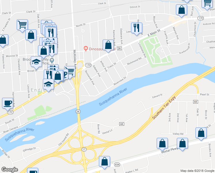 map of restaurants, bars, coffee shops, grocery stores, and more near 1801 Riverview Drive in Endicott
