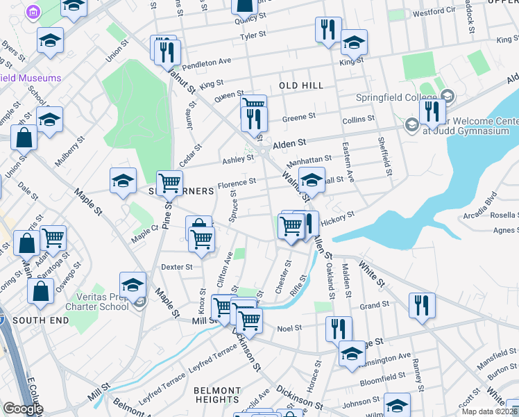 map of restaurants, bars, coffee shops, grocery stores, and more near 366 Hancock Street in Springfield