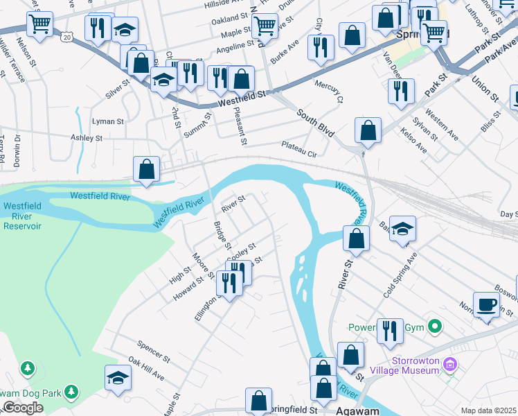map of restaurants, bars, coffee shops, grocery stores, and more near 19 Walnut Street in Agawam