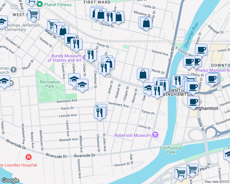 map of restaurants, bars, coffee shops, grocery stores, and more near 67 Walnut Street in Binghamton