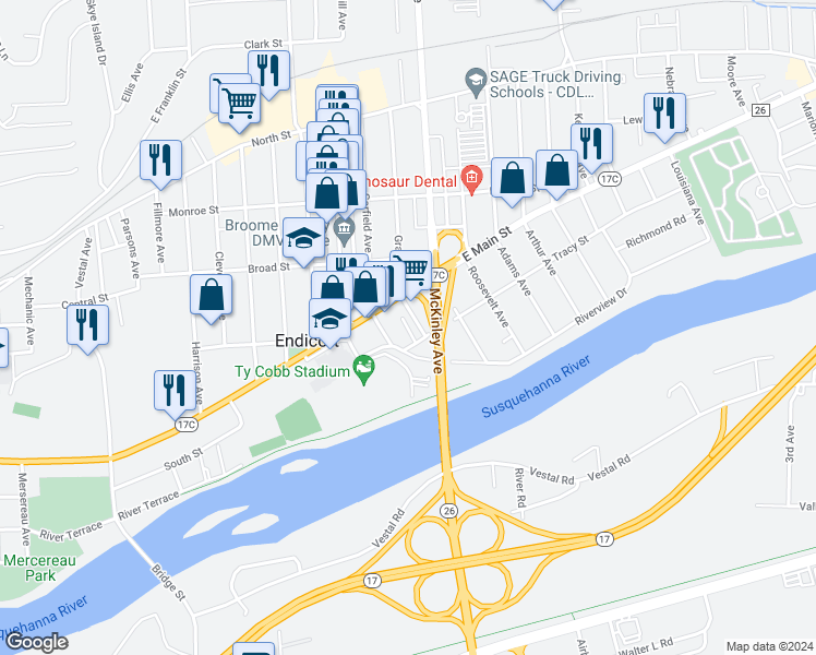 map of restaurants, bars, coffee shops, grocery stores, and more near 310 Grant Avenue in Endicott