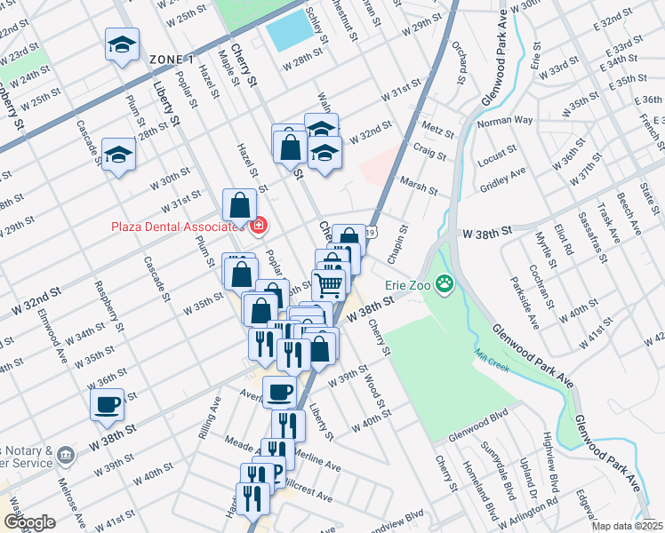 map of restaurants, bars, coffee shops, grocery stores, and more near 3531 Maple Street in Erie