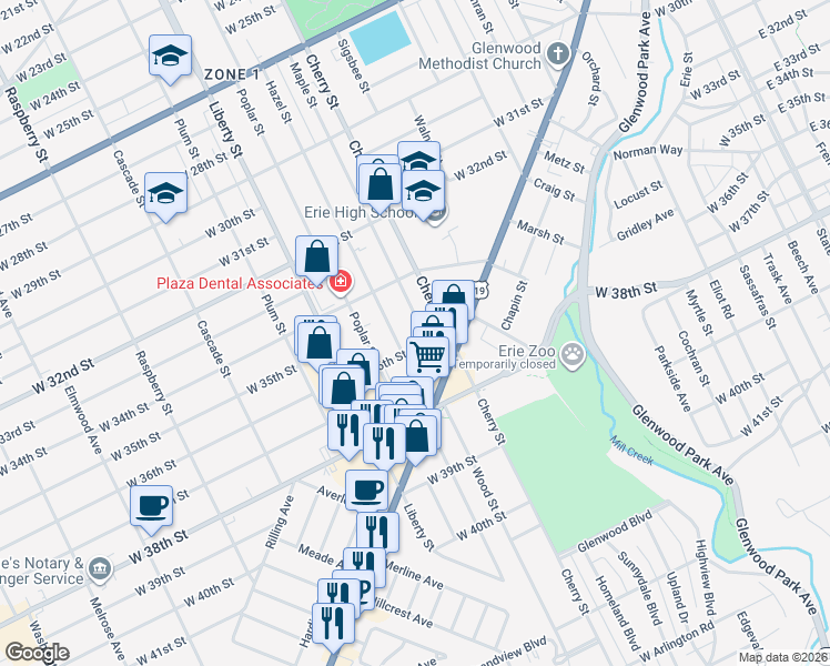 map of restaurants, bars, coffee shops, grocery stores, and more near 3531 Maple Street in Erie